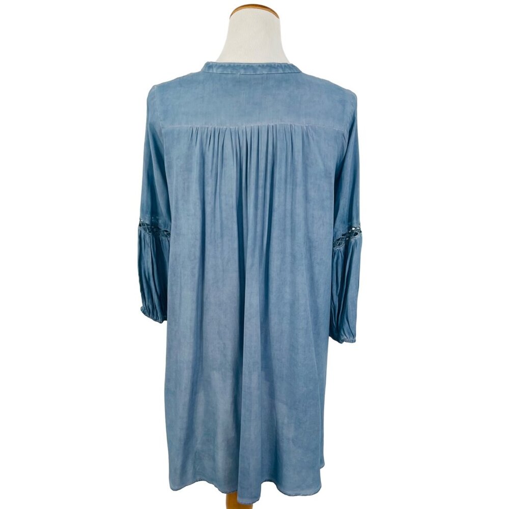 Dusty Blue Crochet Trim Relaxed Tunic Mini Shirt Dress | Coastal Cowgirl Boho S - Picture 8 of 11